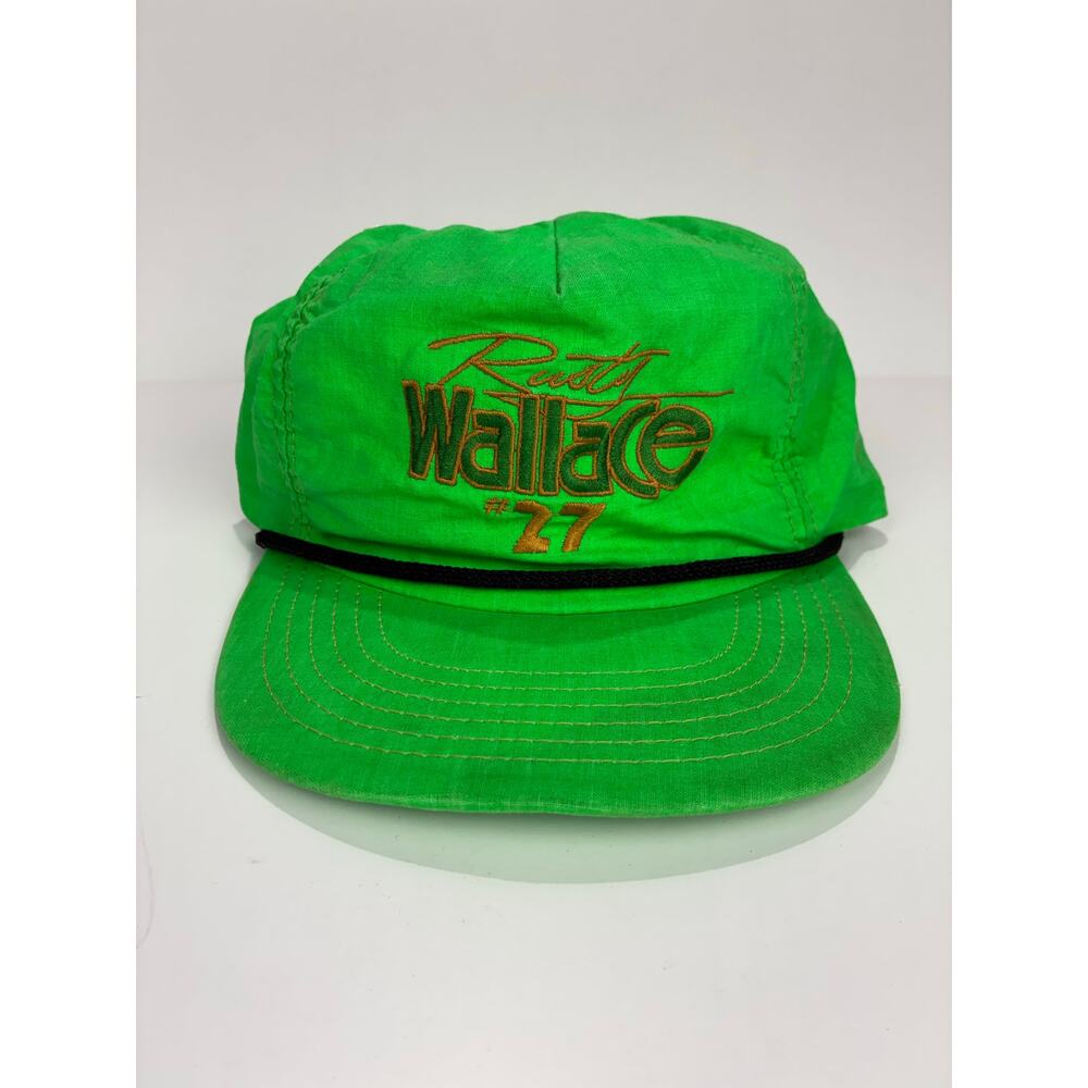 Vintage Rusty Wallace 27 NASCAR Snapback Hat Neon Green 1989 USA